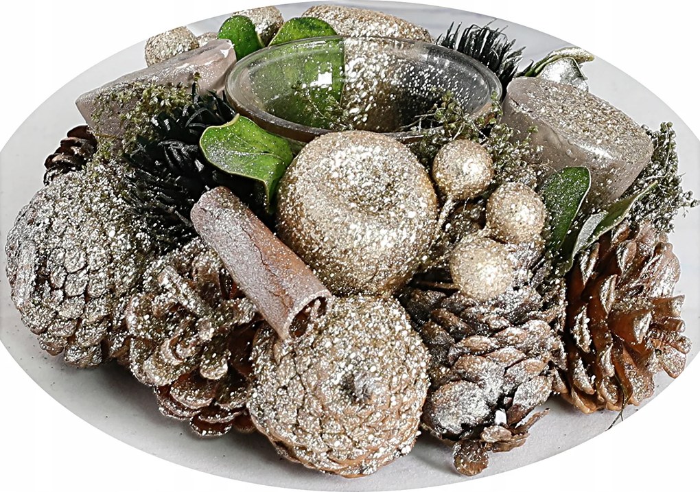 Gyertyatartó tobozokkal csillámos karácsonyi asztal dekoráció átm.17cm, magasság 7cm