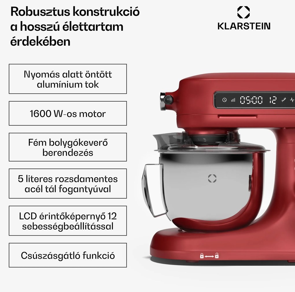 Klarstein Chiara konyhai robotgép, 1600 W, 12 beállítás, rozsdamentes acél tál, LCD kijelző, Tartozékokkal együtt