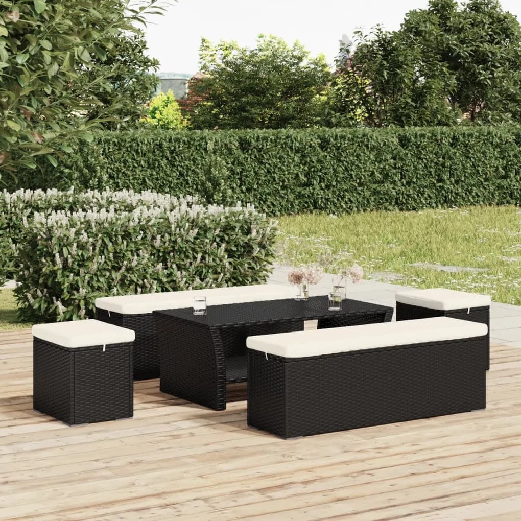 Fekete polyrattan zsámolypad párnával 110 x 30 x 40 cm