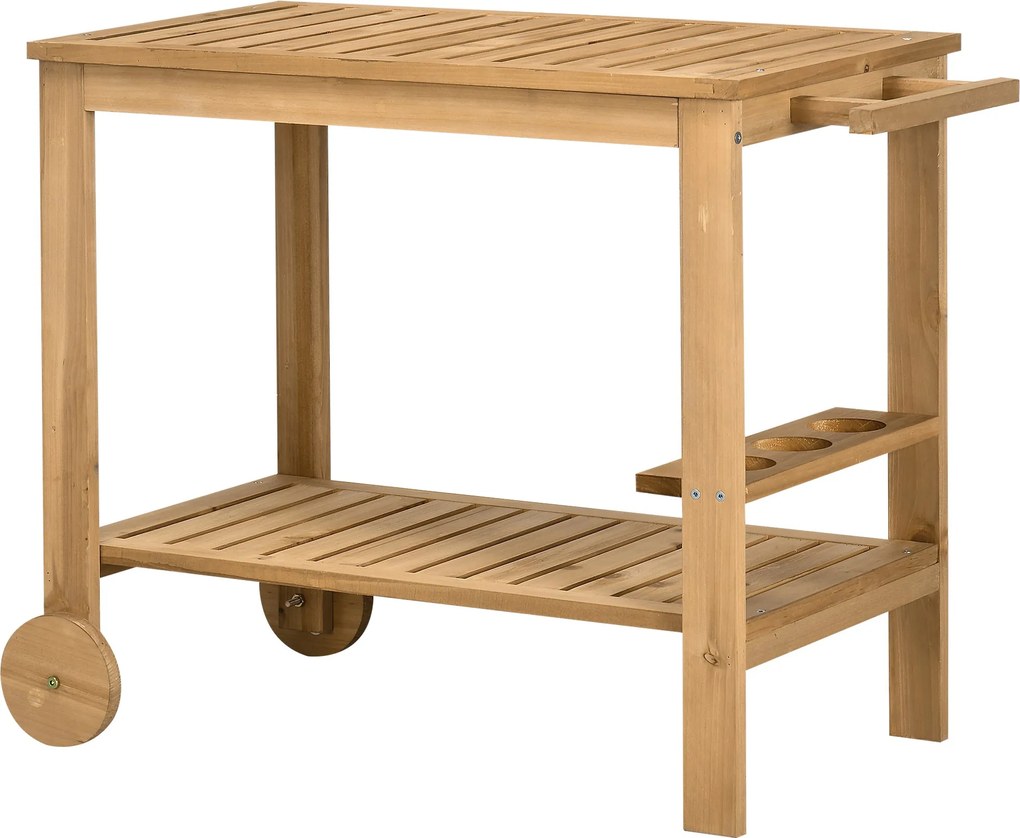 Outsunny 2-Szintes Fa Bárkocsi Szerviz Kocsi Oldalsó Fogantyúval, 3 Borosüveg Tartóval és 2 Kerekével Kert, Terasz számára 95x47x74 cm Természetes | A