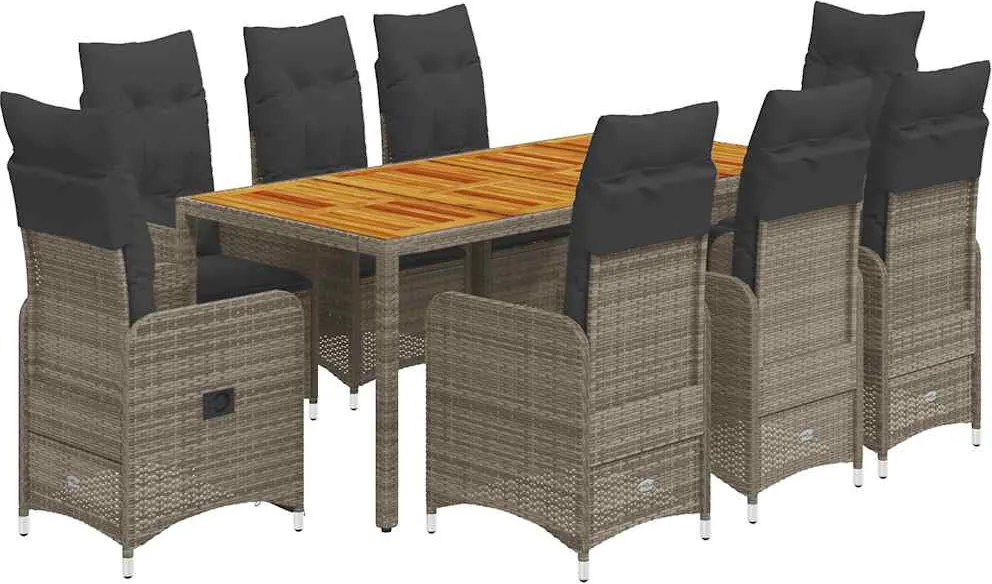 vidaXL 9 részes szürke polyrattan kerti bisztrógarnitúra párnákkal