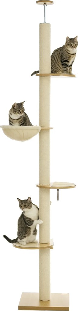 PawHut Macska Kálváriája, Mennyezetmagas Macskakaparó, 230-250 cm, Mászófa Hálóval, Állítható Magasságú Macska Kálváriája, Játszófa Dőlésszabályzó Véd