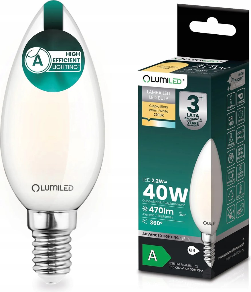 Led Izzó E14 Filament Class A 2,2W 470LM 40W 2700K 360° Díszgyertya