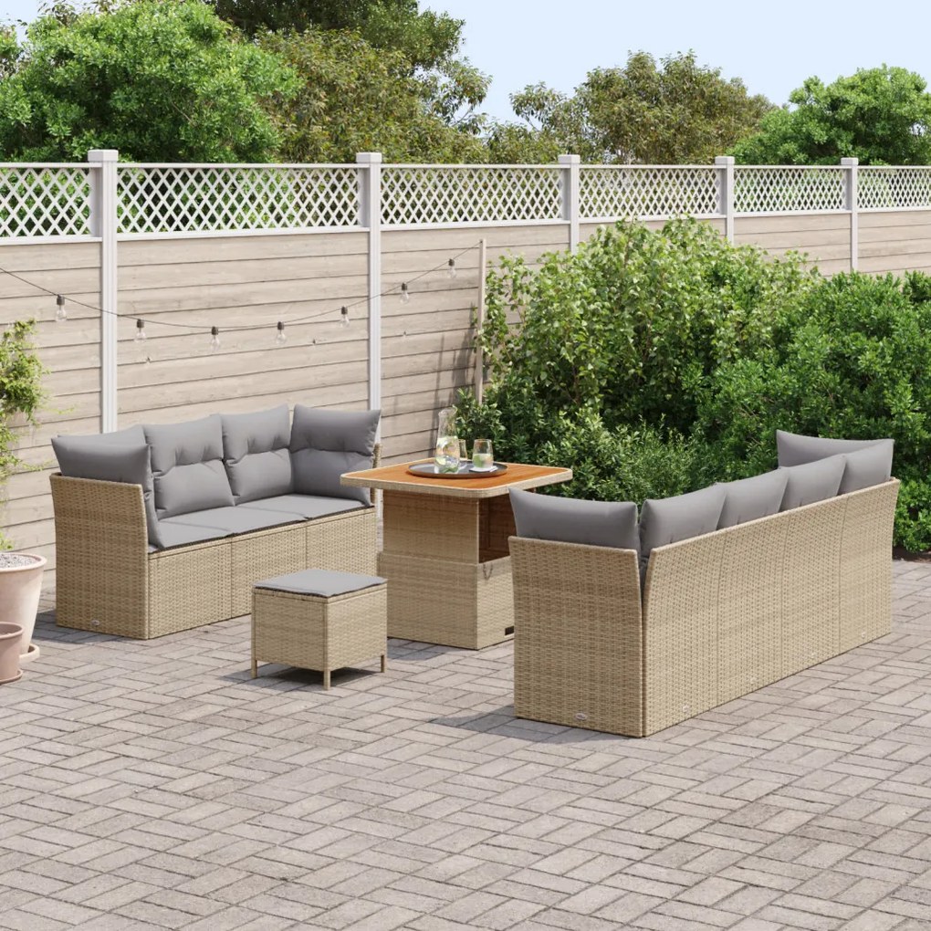 10 Darabos Kert Sofa Szett Párnákkal Bézs Poli Rattan Akác, 3 Darabos Kert Étkező Szett Párnákkal Bézs Poli Rattan Akác