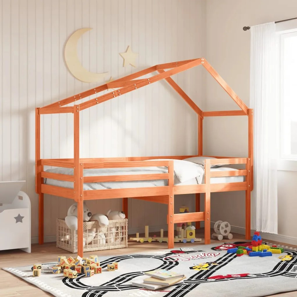 viaszbarna tömör fenyőfa magasított ágy tetővel 80 x 200 cm