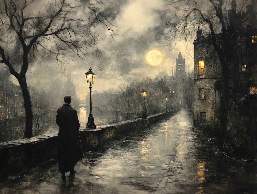 Vászonkép Canvas Város Anglia Folyó Hold Séta Sötét Éjszaka 80x60