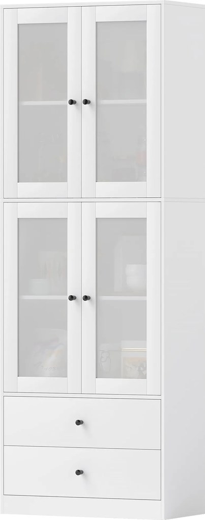 HOMCOM Magas Konyhaszekrény Munkafelülettel, 4 Üvegajtóval és 2 Fiókkal, 59 x 30 x 170 cm, Fehér | Aosom