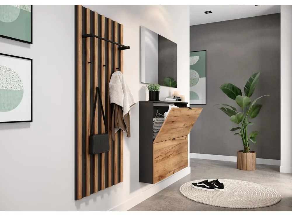 Antracitszürke-natúr színű billenő ajtós függő cipőtartó tölgyfa dekorral 100x85x19 cm Renell – Germania