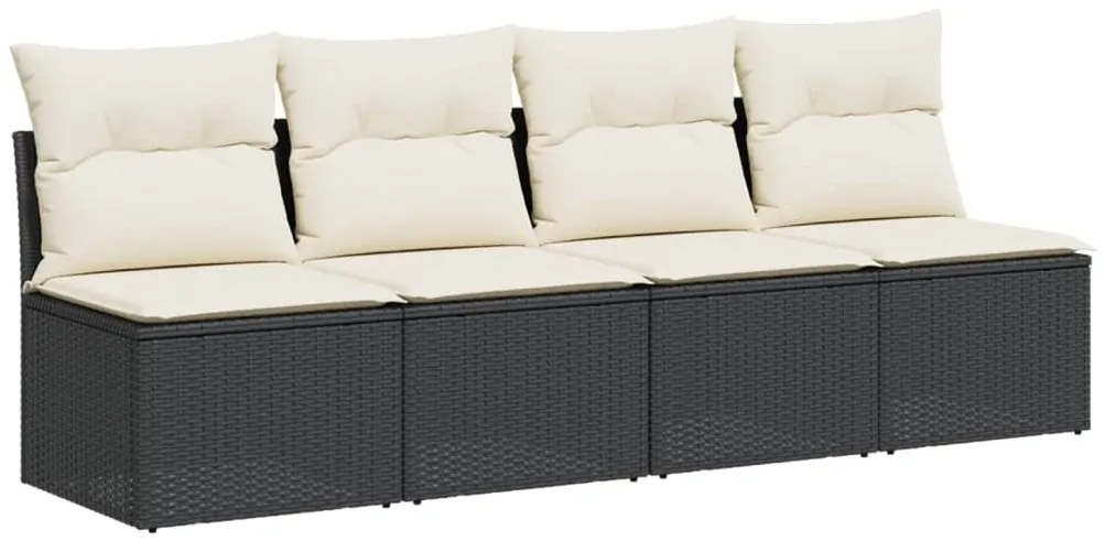 4 személyes fekete polyrattan kerti kanapé párnával