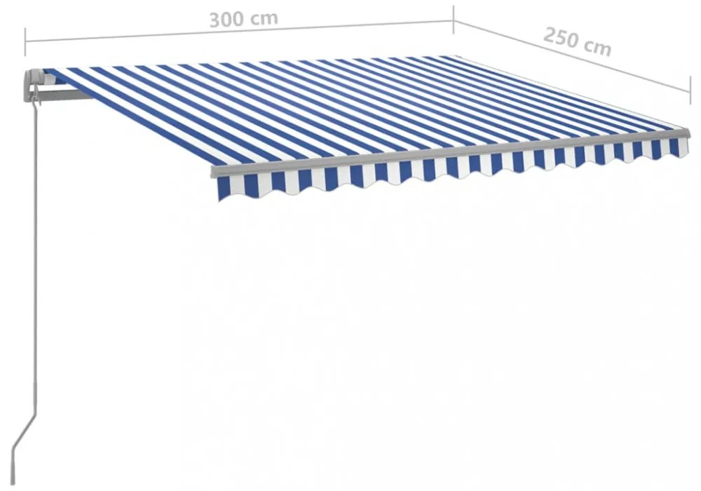 kék és fehér kézzel kihúzható LED-es napellenző 300 x 250 cm