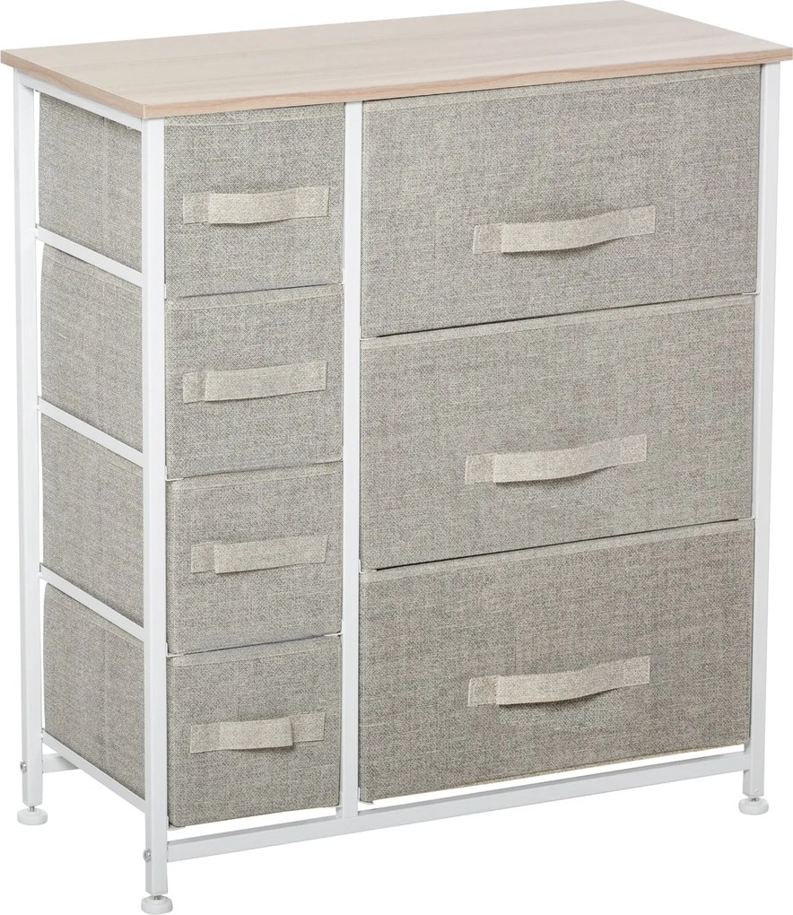 HOMCOM Fiókos Szekrény 7 Hajtható Textil Fiókkal, Fém Váz + Fa + Nem Szőtt Szövet, Világosszürke, 63,5 x 30 x 71 cm | Aosom