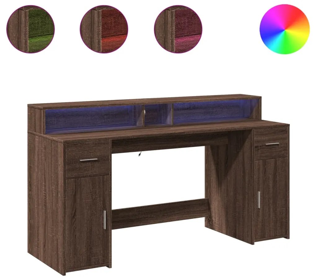 barna tölgy színű szerelt fa íróasztal LED-ekkel 160x55x91 cm
