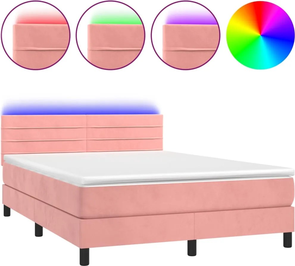 vidaXL rózsaszín bársony rugós és LED-es ágy matraccal 140x190 cm