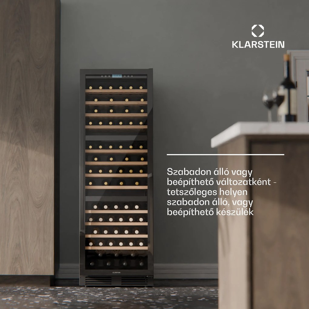 Klarstein Vinovilla Trio borhűtő, 143 palack, 3 zóna, 38 dB, 12 polc, kompresszor, 413 liter