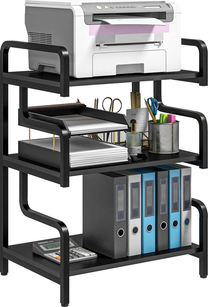 HOMCOM 3-Tier Nyomtatóállvány, Tárolópolc, Fából és Fémből 55x40x77cm Otthoni Irodához Fekete | Aosom