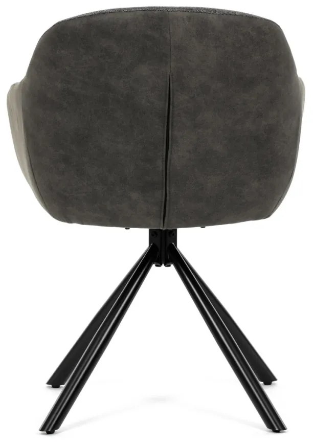 Scaun de sufragerie pivotant, țesătură gri și țesătură gri închis, cu decor vintage din piele, metal negru, mecanism de retragere rotativ P90°+ L90°.