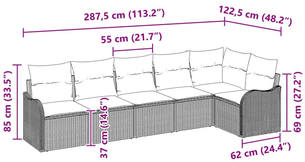 6 darabos Kert Kanapé Szett Párnákkal Világosszürke Poli Rattan, 2-személyes Kert Kanapé Párnákkal Világosszürke Poli Rattan