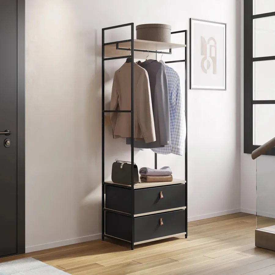 Intenso Home ruhafogas 2db nagyméretű fiókkal polcokkal 60 x 175cm modern tölgy színben | Előszobai ruhatároló cipőtartóval / nyitott gardrób