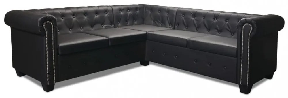 5 személyes fekete műbőr Chesterfield sarokkanapé