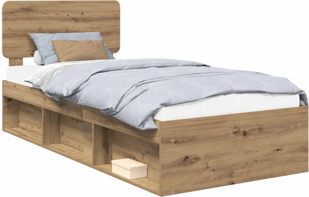 vidaXL Ágykeret fejtámlával Művészi tölgy 100 x 200 cm Tömör fenyőfa