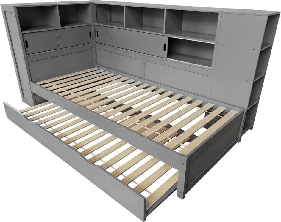 Ágy polcokkal és pótággyal, szürke, 90x200, LENDON