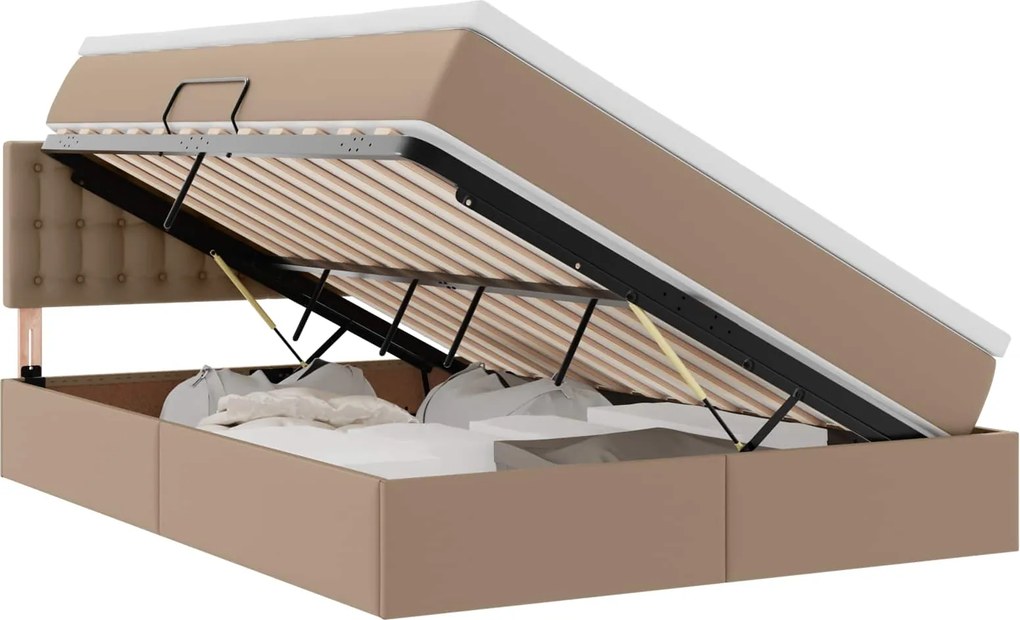 vidaXL Ágy tárolóval és LED lámpával matracmal Kávé 140 x 190 cm Műbőr
