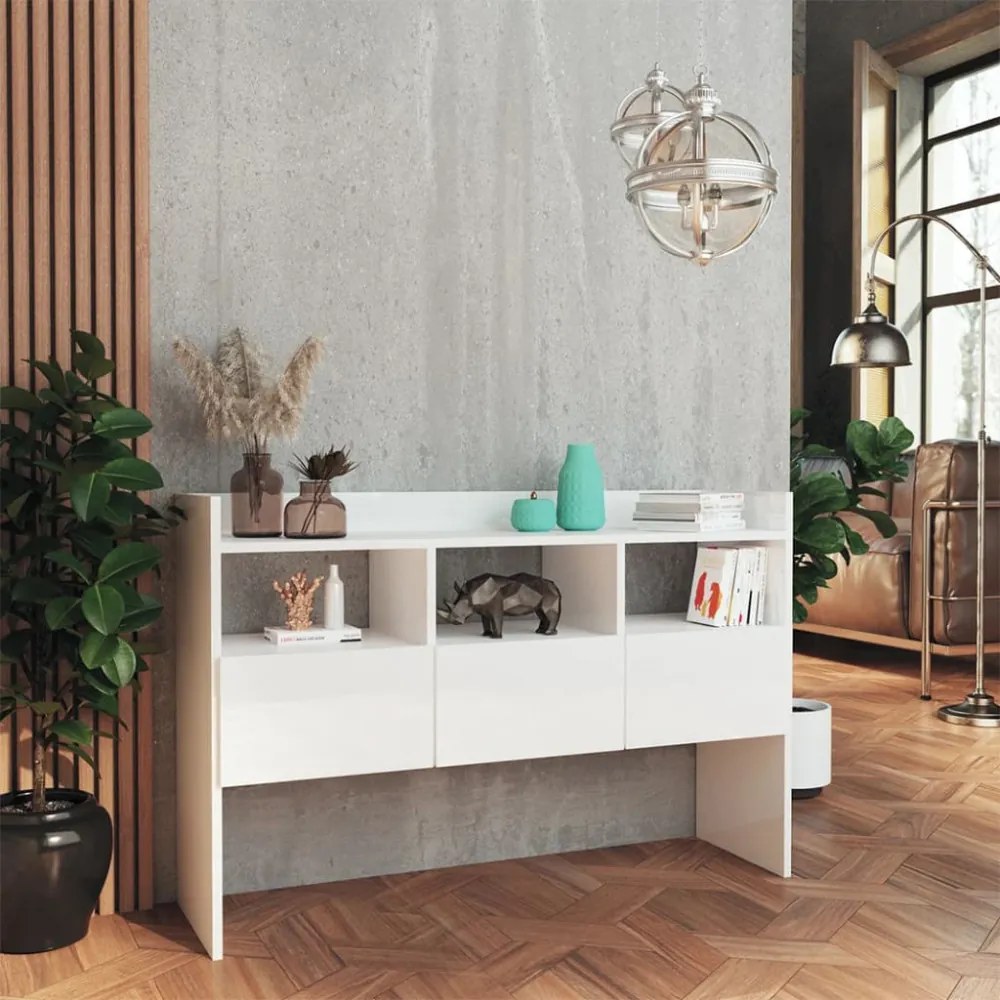 magasfényű fehér szerelt fa tálalószekrény 105 x 30 x 70 cm