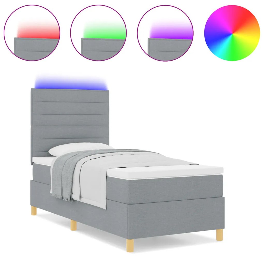 Box Spring Ágy matraccal és LED világítással Világosszürke 90x200 cm Szövet