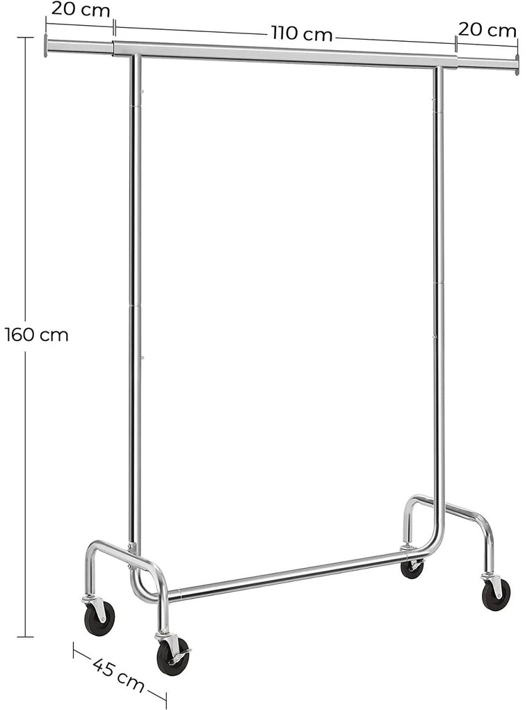 Nagy teherbírású fém ruhatartó kerekekkel, 130 kg-ig terhelhető,  hossza 110-150 cm