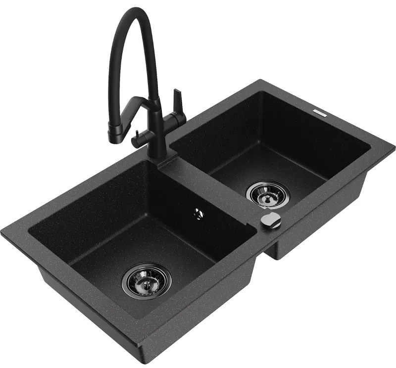 Mexen Mario 2-kamrás gránit mosogató, konyhai csappal Duo, fekete/ezüst metál - 6504-73-671701-70-B