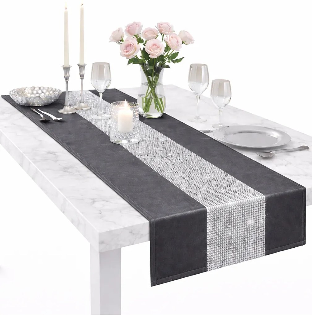 Asztalterítő Cirkóniákkal 180x40 Abrosz dekoratív sima Sötétszürke