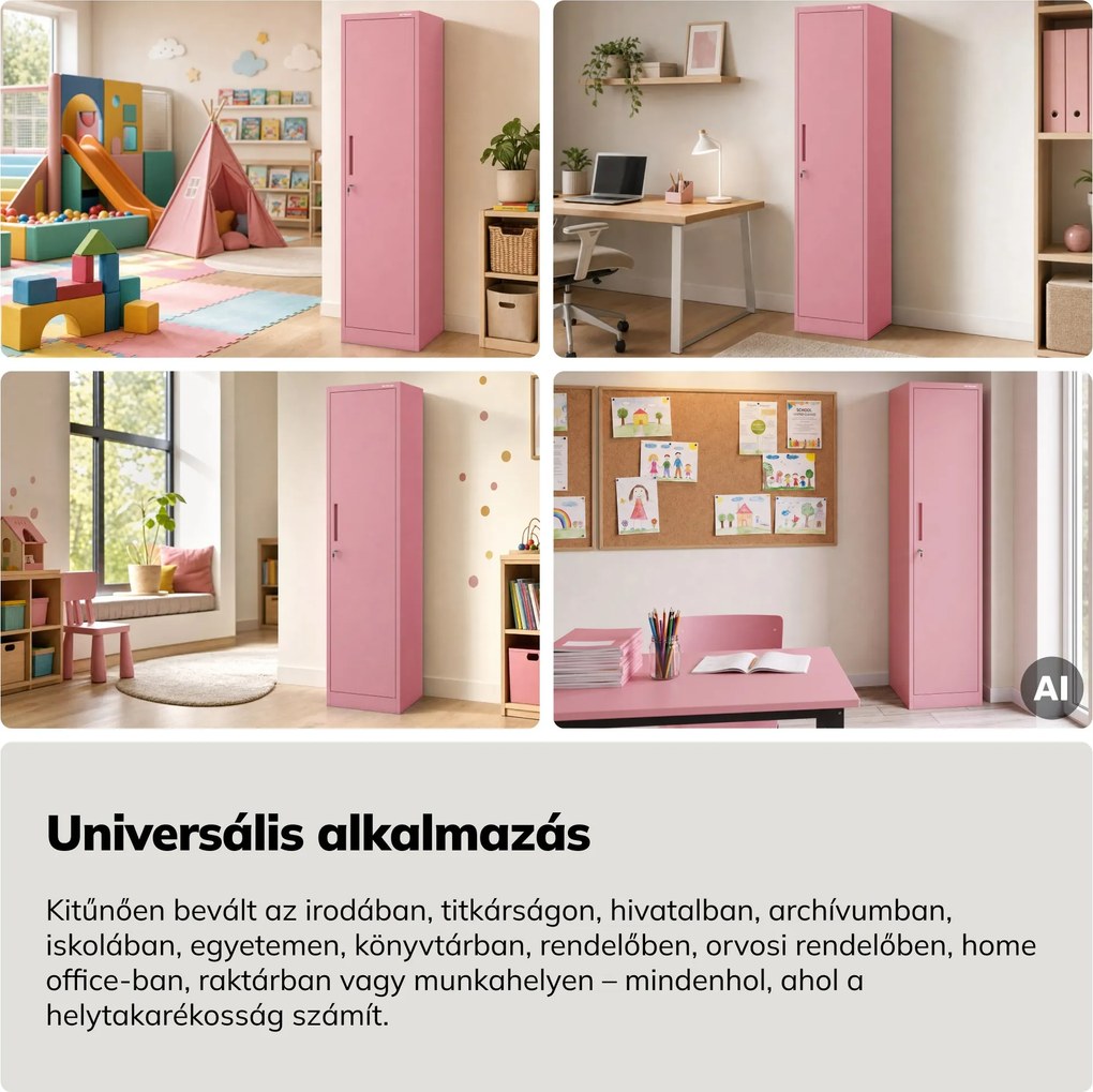 Keskeny fém irodai iratszekrény, púderrózsaszín, 450x1850x400 mm: ALEX Fresh Style