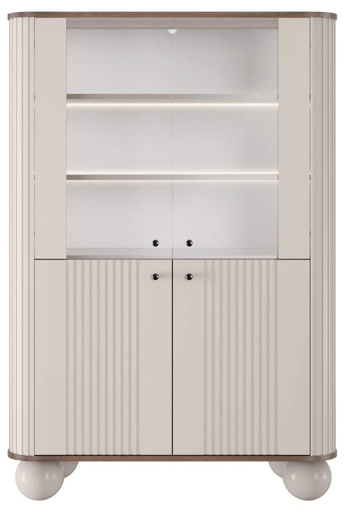 Vesper négyajtós vitrin 103 cm - kasmír / dió / fekete fogantyúk / gömb lábak