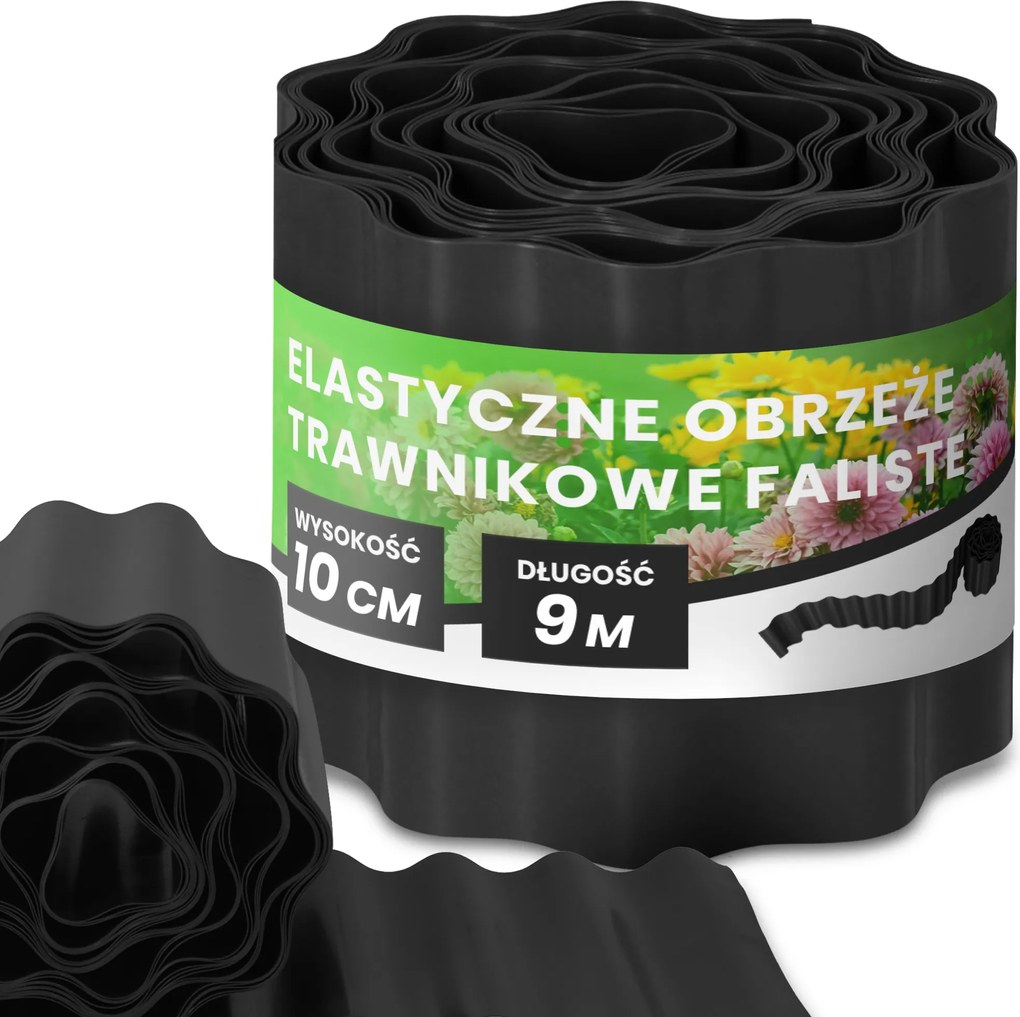 Gyepszegély 10 cm 9 m Kerti Hullámos Paliszád Border Fekete Us-t