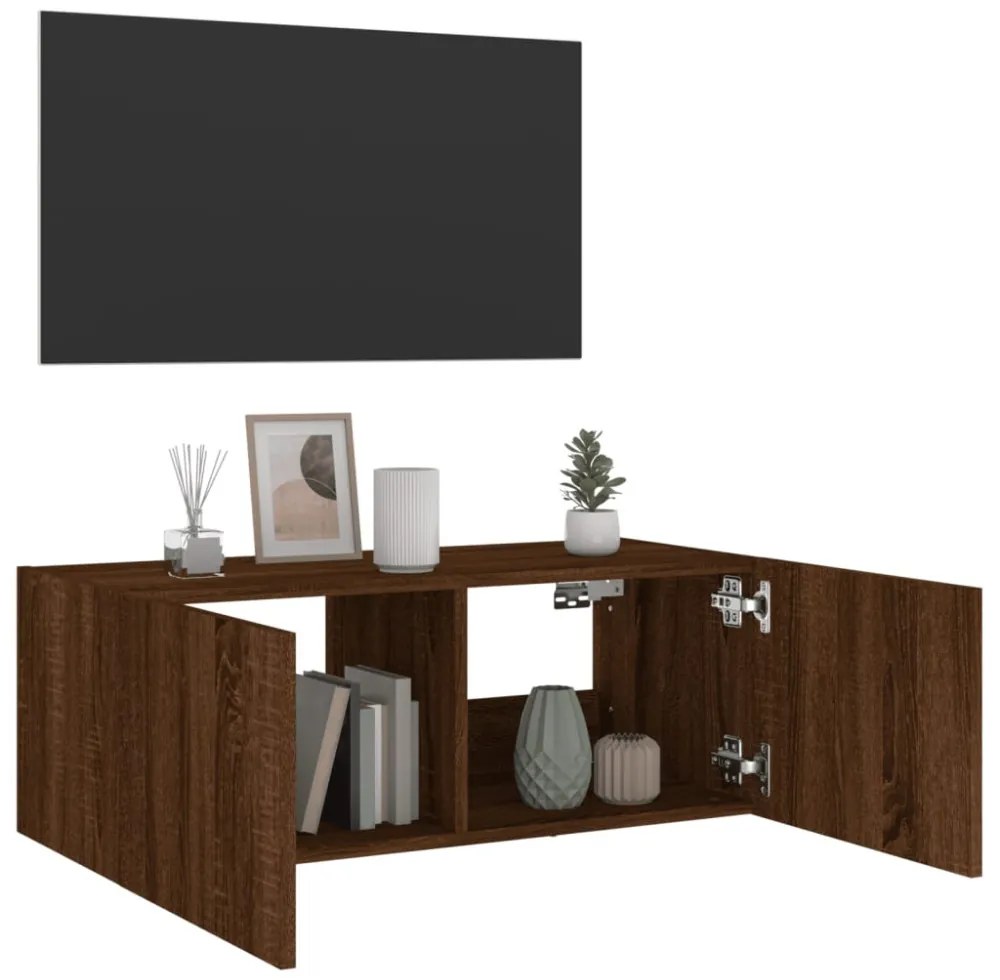 barna tölgyszínű fali TV-szekrény LED-del 80x35x31 cm