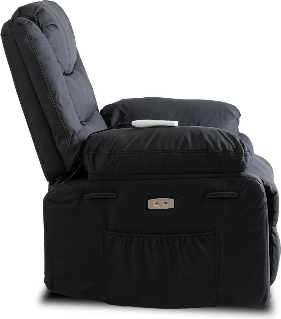 Elektromos masszázsfotel, dönthető fekete ökobőr, JASPER