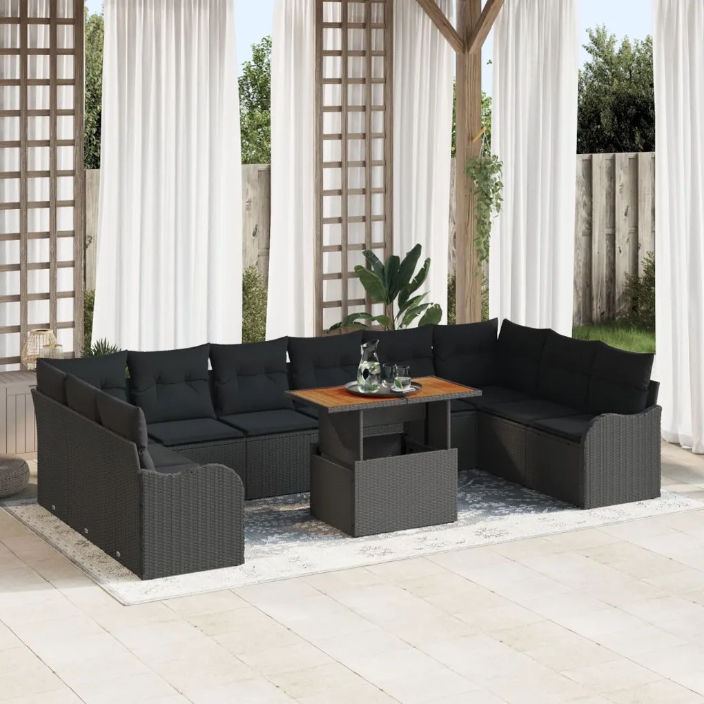 11 darabos kerti kanapé szett párnákkal fekete poly rattan, 2 fős kerti kanapé tárolóval és párnákkal fekete poly rattan