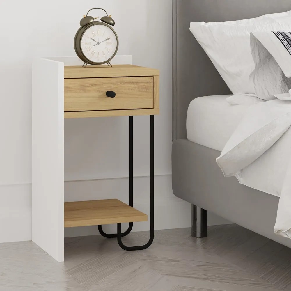 Fehér-natúr színű éjjeliszekrény tölgyfa dekorral Mercure – Marckeric