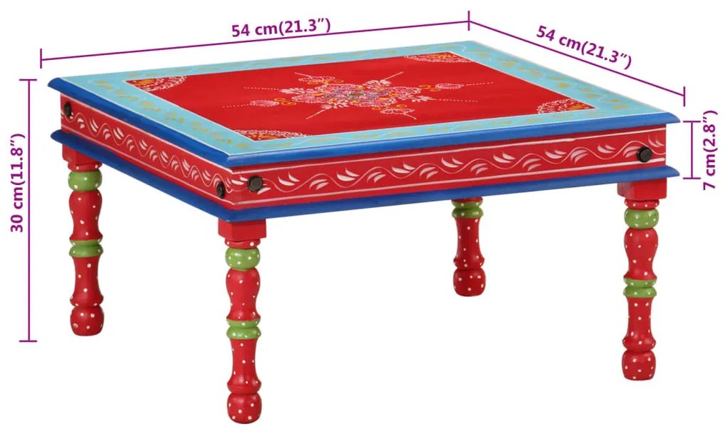 kézzel festett piros tömör mangófa dohányzóasztal