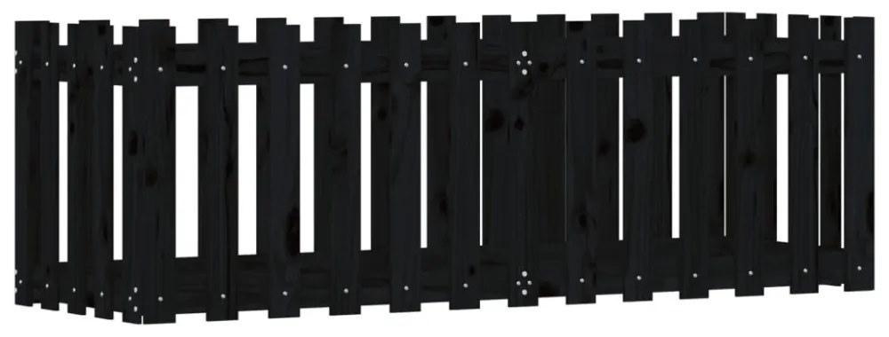 fekete tömör fenyőfa kerti magaságyás kerítéssel 150x50x50 cm
