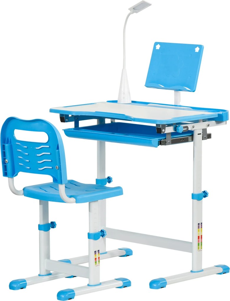 HOMCOM Iskolai Íróasztal Székkel Gyerekeknek 6-12 Éves Korig Állítható Magasságú, 45°-os Dőlésszögű Asztallal és LED Lámpával, Acél és MDF, Kék | Aoso