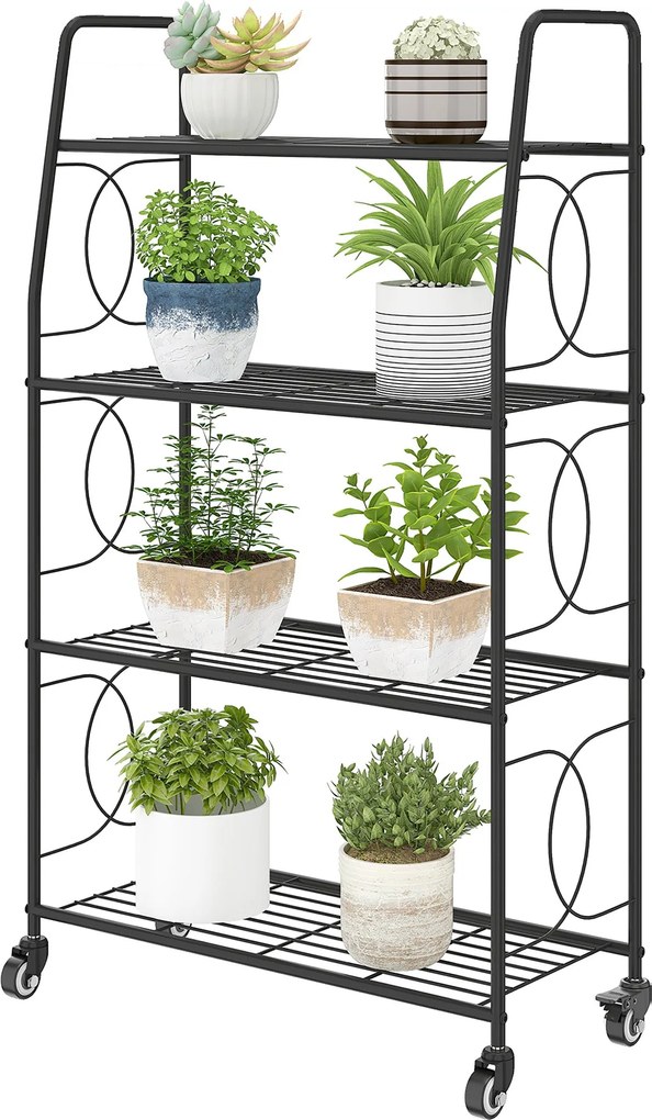 Outsunny 4 polcos fém növénytartó kerekkel és fogantyúkkal, 114 cm magas — Többrétegű virágtartó kertbe, erkélyre és lakásba (fekete) | Aosom