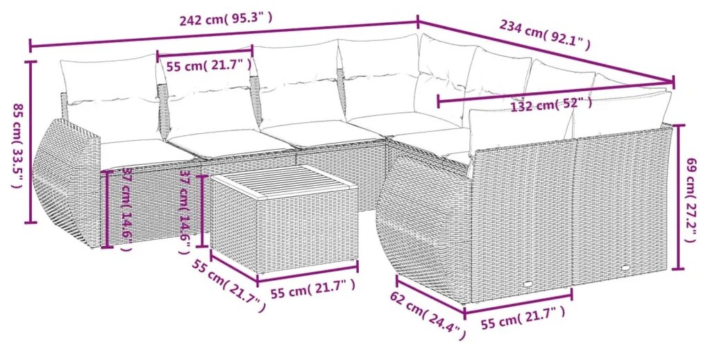 9 részes szürke polyrattan kerti ülőgarnitúra párnákkal