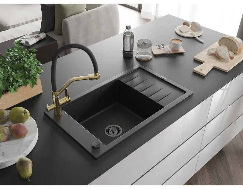 Mexen Elias, 1 kamrás gránit mosogató 795x480x200 mm és Duo mosogató csaptelep, fekete, 6511-77-671701-57-B