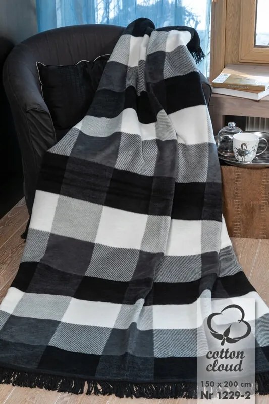 Pamut-akril takaró 150x200 fekete szürke kockás minta 1229-2