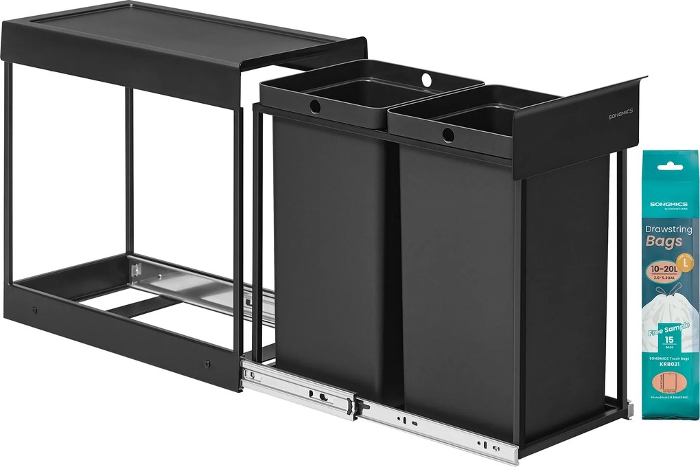 Beépíthető konyhai szemetes szelektív hulladékgyűjtéshez, 2 x 15 L dupla rekeszes, fekete