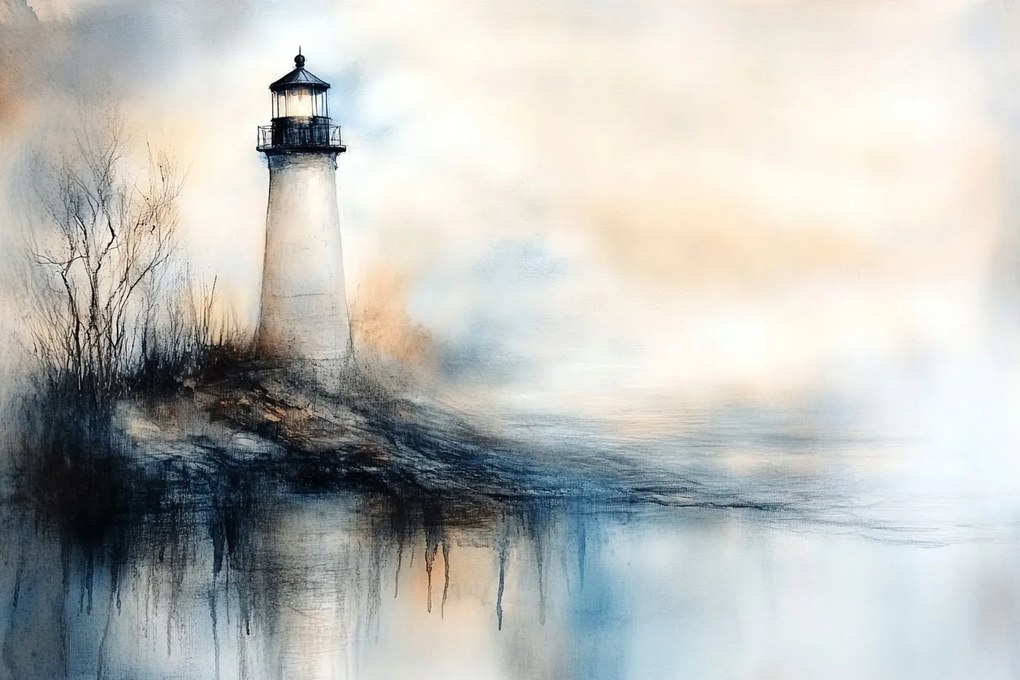 Vászonkép Canvas Tájkép Víz Part Tenger Világítótorony Köd 120x80
