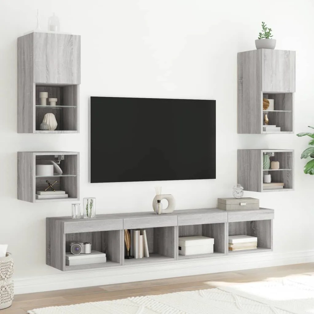 8 darab szürke sonoma színű szerelt fa fali TV-bútor LED-del