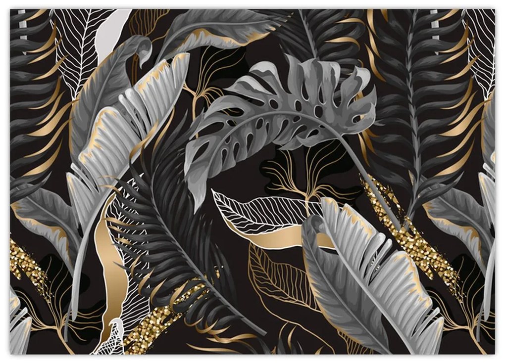 Kép - Trópusi levelek fekete és arany színben (üvegen) (70x50 cm)