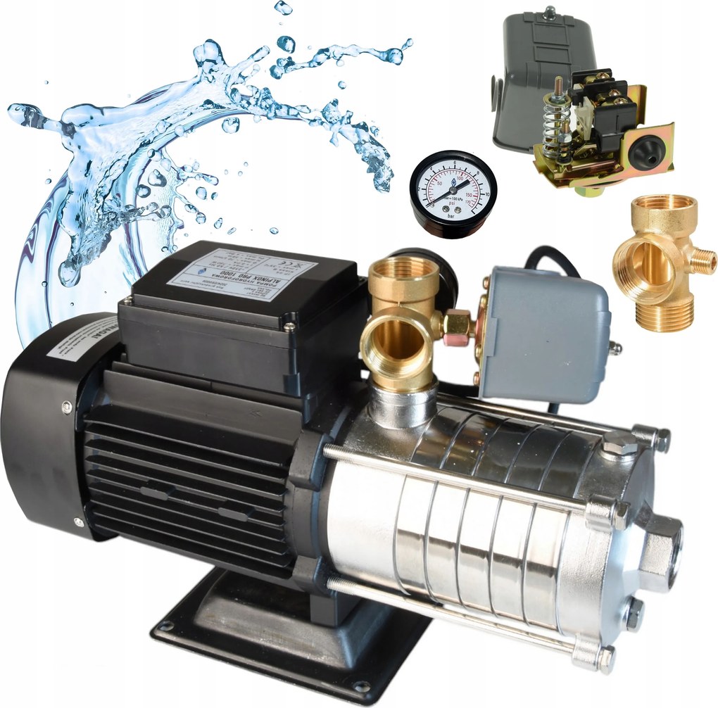 750W-os Rozsdamentes Acél Hidrofor Szivattyú Vízhez, Prémium Minőség, 70 l/perc, Tartozékokkal